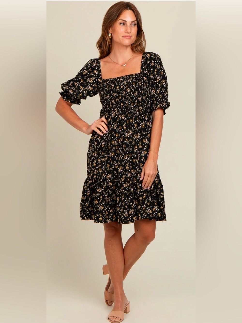 Black Floral Smocked Dress with Puff Sleeves